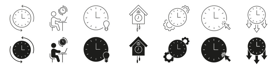 Aufkleber - Clock And Time Management Line And Solid Icon Set. Productivity, Efficiency, And Scheduling Symbol Collection. Includes Clocks, Arrows, Gears, And Light Bulbs. Isolated Vector Illustration