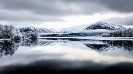 Poster - Winter landscape featuring snow blanketed mountains mirroring in glassy lake waters, surrounding pine trees frosted with crystalline ice beneath overcast skies