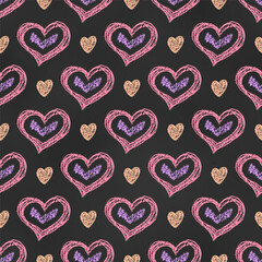 Wall Mural - Seamless Grunge Pattern of Chalk Drawn Sketches Hearts on Chalkboard Backdrop. Simple Romantic Print.