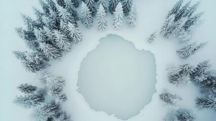 Poster - Aerial perspective revealing frozen lake surrounded by snow laden pines, capturing tranquil winter scenery with pristine white landscape and peaceful natural environment