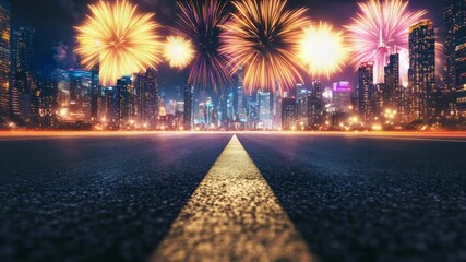 Aufkleber - Colorful fireworks exploding over a modern cityscape with illuminated skyscrapers and an empty asphalt road leading towards the city center at night