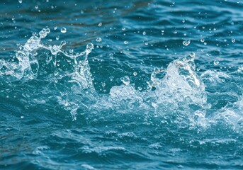 Poster - Close-up of blue water splashing with droplets and ripples creating dynamic movement in the liquid surface