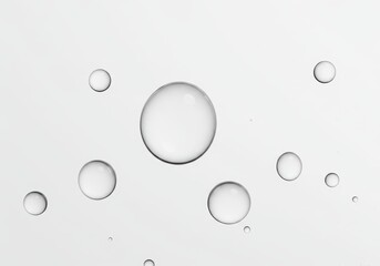 Poster - Floating water droplets of various sizes against a light gray background create an abstract pattern
