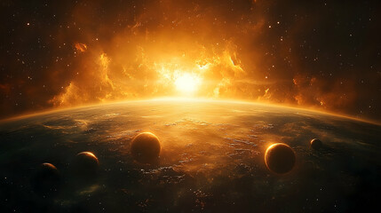 Wall Mural - Fiery celestial bodies shining above a planet's surface.