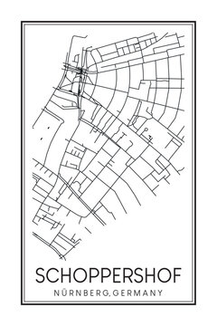 Hand drawn printable downtown road map poster of borough SCHOPPERSHOF of the German city of NUREMBERG on solid white background with city name