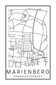 Hand drawn printable downtown road map poster of borough MARIENBERG of the German city of NUREMBERG on solid white background with city name