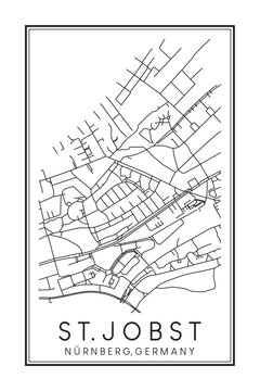 Hand drawn printable downtown road map poster of borough ST. JOBST of the German city of NUREMBERG on solid white background with city name