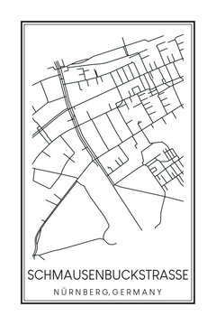 Hand drawn printable downtown road map poster of borough SCHMAUSENBUCKSTRASSE of the German city of NUREMBERG on solid white background with city name