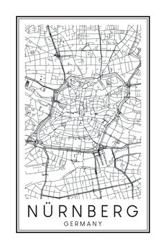 Hand drawn printable downtown road map poster of the German city of NUREMBERG on solid white background with city name