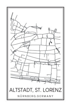 Hand drawn printable downtown road map poster of borough ALTSTADT, ST. LORENZ of the German city of NUREMBERG on solid white background with city name
