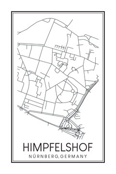 Hand drawn printable downtown road map poster of borough HIMPFELSHOF of the German city of NUREMBERG on solid white background with city name