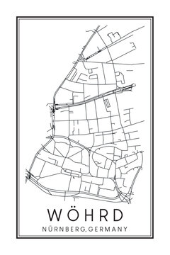 Hand drawn printable downtown road map poster of borough WÖHRD of the German city of NUREMBERG on solid white background with city name