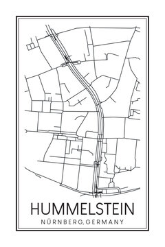 Hand drawn printable downtown road map poster of borough HUMMELSTEIN of the German city of NUREMBERG on solid white background with city name