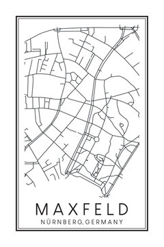 Hand drawn printable downtown road map poster of borough MAXFELD of the German city of NUREMBERG on solid white background with city name