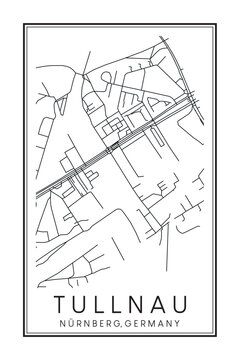 Hand drawn printable downtown road map poster of borough TULLNAU of the German city of NUREMBERG on solid white background with city name