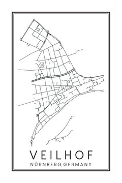 Hand drawn printable downtown road map poster of borough VEILHOF of the German city of NUREMBERG on solid white background with city name