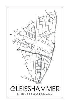 Hand drawn printable downtown road map poster of borough GLEISSHAMMER of the German city of NUREMBERG on solid white background with city name