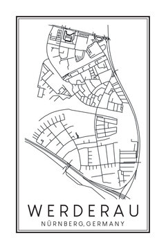 Hand drawn printable downtown road map poster of borough WERDERAU of the German city of NUREMBERG on solid white background with city name