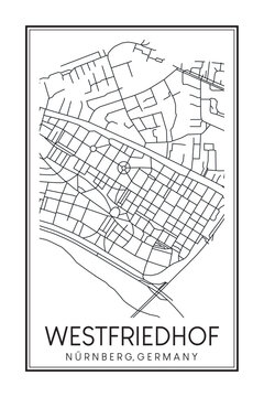 Hand drawn printable downtown road map poster of borough WESTFRIEDHOF of the German city of NUREMBERG on solid white background with city name