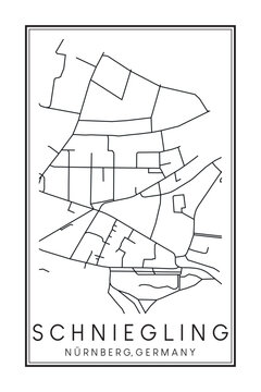 Hand drawn printable downtown road map poster of borough SCHNIEGLING of the German city of NUREMBERG on solid white background with city name