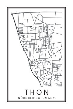 Hand drawn printable downtown road map poster of borough THON of the German city of NUREMBERG on solid white background with city name