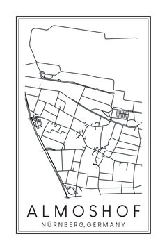 Hand drawn printable downtown road map poster of borough ALMOSHOF of the German city of NUREMBERG on solid white background with city name