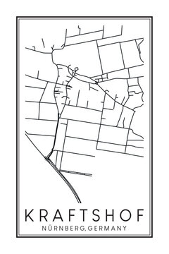 Hand drawn printable downtown road map poster of borough KRAFTSHOF of the German city of NUREMBERG on solid white background with city name