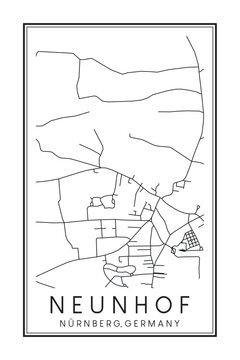 Hand drawn printable downtown road map poster of borough NEUNHOF of the German city of NUREMBERG on solid white background with city name