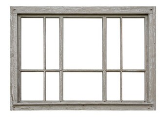 Poster - Old wooden window frame with peeling gray paint and multiple panes against a white background