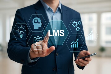 modern businessman using innovative lms software system for online training education development di