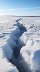Aufkleber - Elongated crack splitting frozen lake surface, exposing deep blue water beneath white icy landscape under cloudless sky, dramatic natural fracture revealing hidden aquatic world