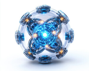 Poster - futuristic high-tech antineutron concept with glowing blue core and metallic structure on isolated w