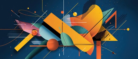Poster - dynamic abstract geometric shapes composition with vibrant colors on dark blue background concept of