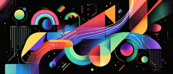 Poster - vibrant abstract geometric shapes on black background, colorful illustration with rainbow, circles, 
