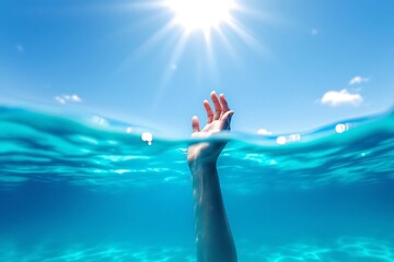 reaching hand above water sunlit blue sky concept of hope and struggle