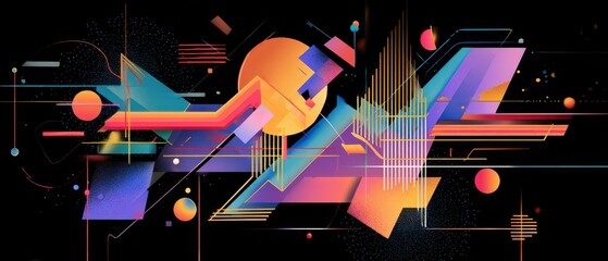 Poster - vibrant abstract geometric composition with retro futuristic design elements and colorful shapes on 