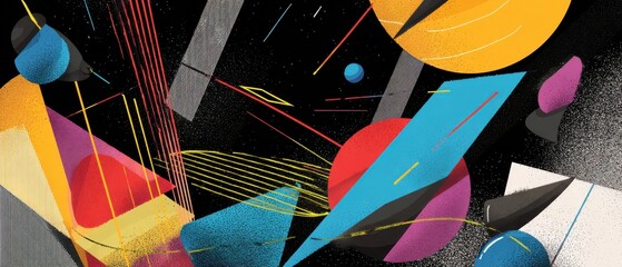 Poster - vibrant abstract geometric shapes in retro style on black background concept of modern art, dynamic 