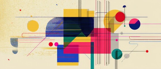 Poster - geometric abstract composition with colorful shapes and lines in retro style modern graphic design c