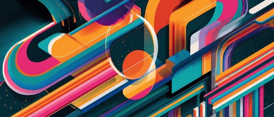 Poster - abstract geometric background with vibrant colorful lines and shapes creating a modern retro design 