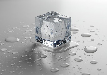 Poster - Single ice cube melting on a reflective surface with water droplets around it
