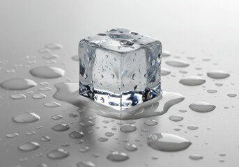 Poster - Single ice cube melting on a reflective surface with water droplets