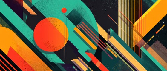 Poster - retro geometric abstract background with circles, lines, and shapes in teal, orange, and yellow, cre