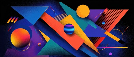 Poster - vibrant geometric abstract background with triangles, spheres, and lines in a modern colorful design