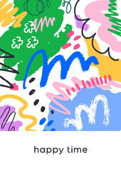 Leinwandbilder - Abstract doodle card design with scribble drawings, blots and blobs pattern. Creative colorful postcard with brushstrokes, random freehand shapes, elements in modern style. Flat vector illustration
