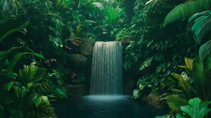 Poster - Bright sunlight filtering through lush rainforest canopy, revealing cascading waterfall splashing into crystal clear natural pool, verdant tropical vegetation surrounding peaceful water scene