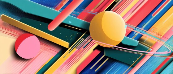 Poster - dynamic abstract background with colorful geometric shapes and spheres creating a vibrant and modern