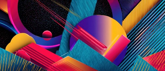 Poster - vibrant abstract 3d geometric shapes with dynamic lines and colorful gradients on dark background, m
