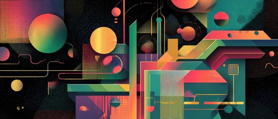Poster - vibrant geometric abstract art with retro futuristic design, featuring colorful shapes, lines, and s