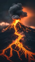 Poster - Molten lava flows down the slopes of an erupting volcano, creating a dramatic spectacle of nature's power with smoke and ash filling the air