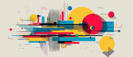 Poster - dynamic abstract geometric composition with vibrant circles, lines, and rectangles in red, yellow, a